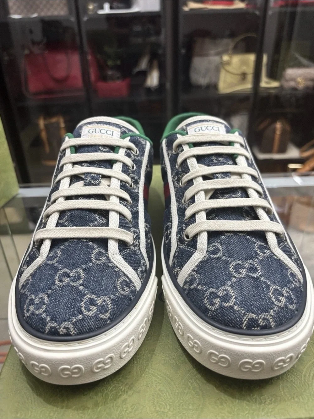 Gucci Tennis 1977 GG Denim Sneakers Blue Web Stripe Low Top Mens US 9. COA.
